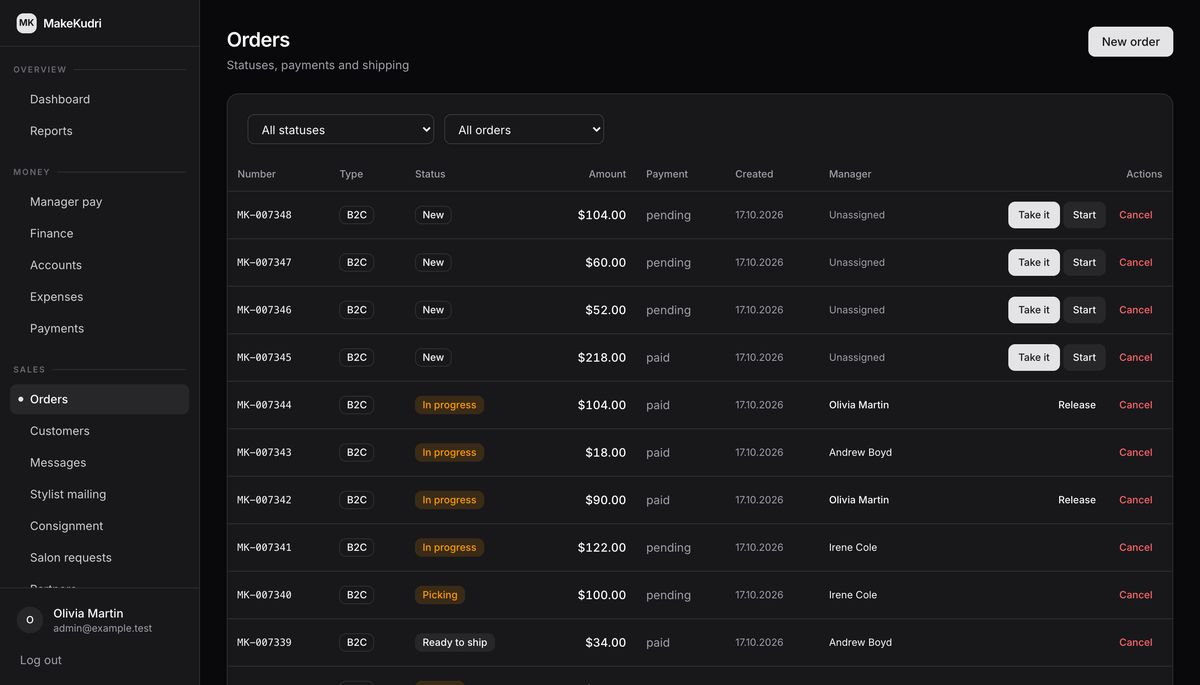 The MakeKudri CRM: an orders table with status, amount and payment, beside a sidebar for sales, warehouse, money and system settings